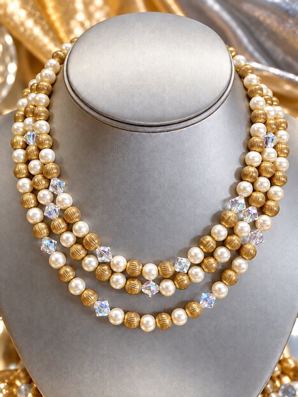 1950s Vintage 3 Strand Cultured Pearl Necklace Old Gold Beads w Crystal